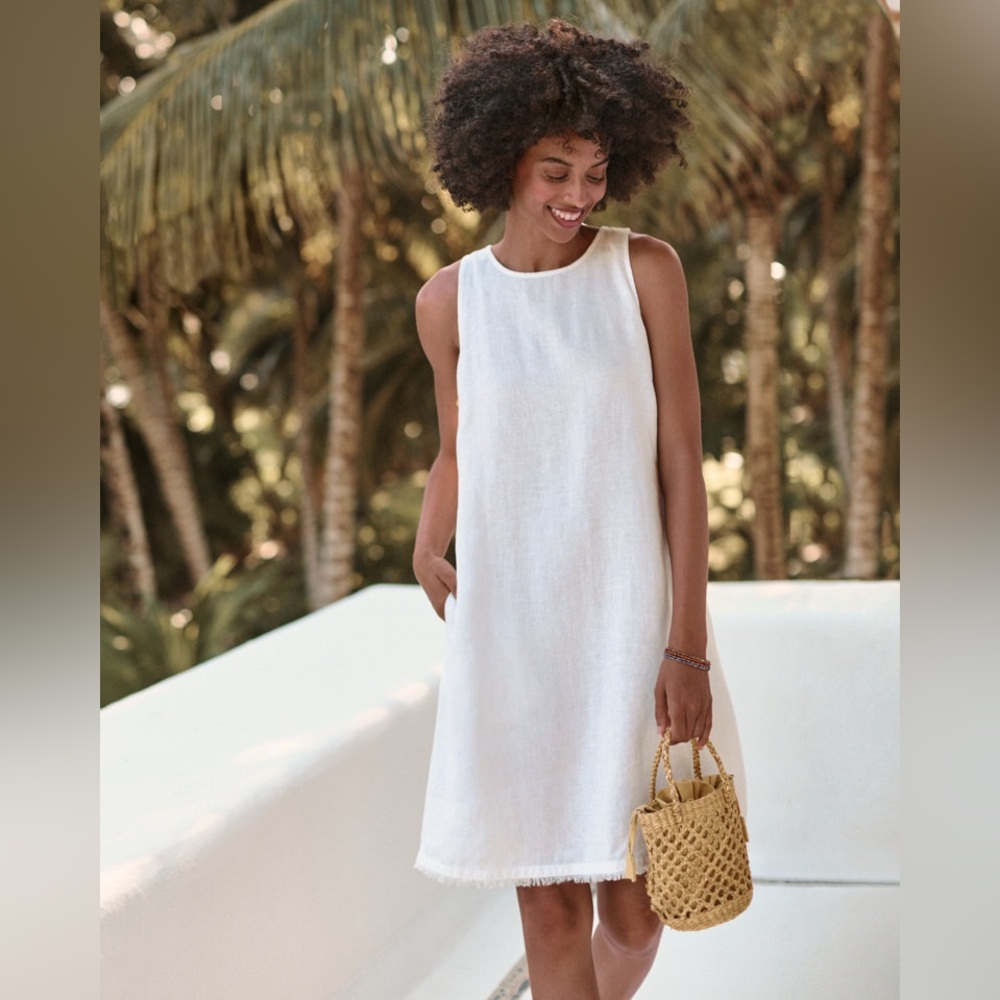 NWT Garnet Hill Linen Women’s Fringe-Hem A-Line Dress in Sea Salt - Size 12